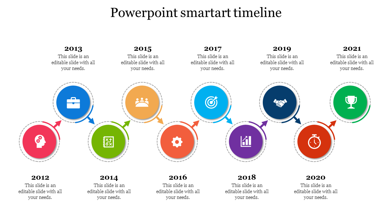 Free - Elegant PowerPoint SmartArt Timeline In Multicolor Model